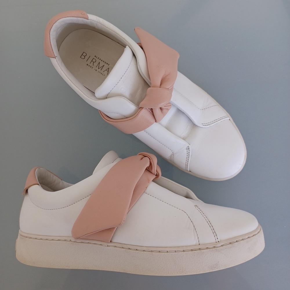 Alexandre Birman White Leather Sneakers with Blush Pink Knot